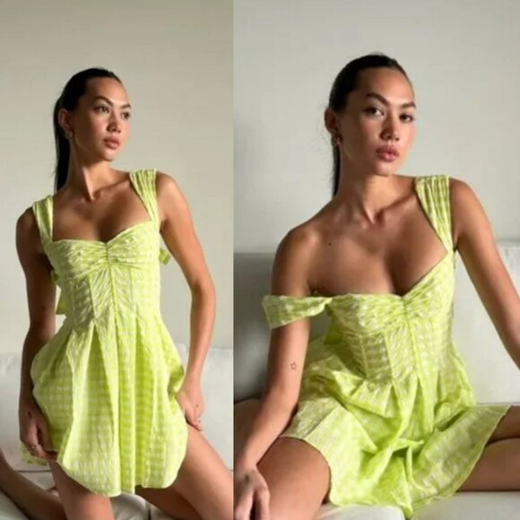 For Love & Lemons August Gingham Plaid Green White Mini Dress Sweetheart L - Picture 1 of 16